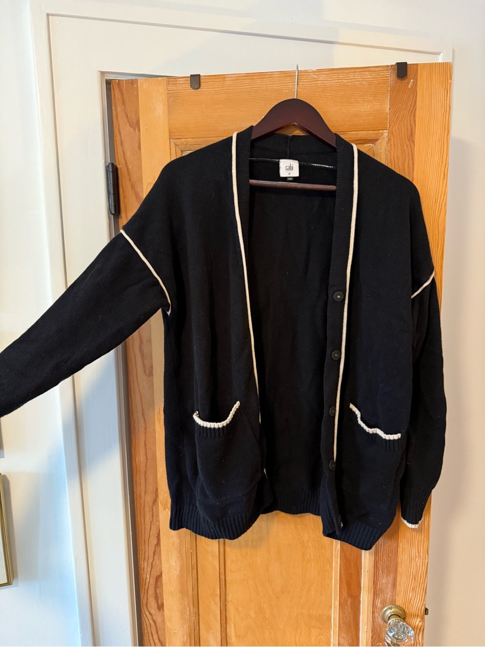 CAbi Black Cardigan with White Trim